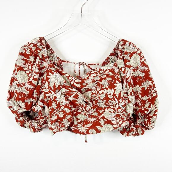 Free People Sunday Floral Linen Blend Puff Sleeve Crop Top S - Picture 2 of 7